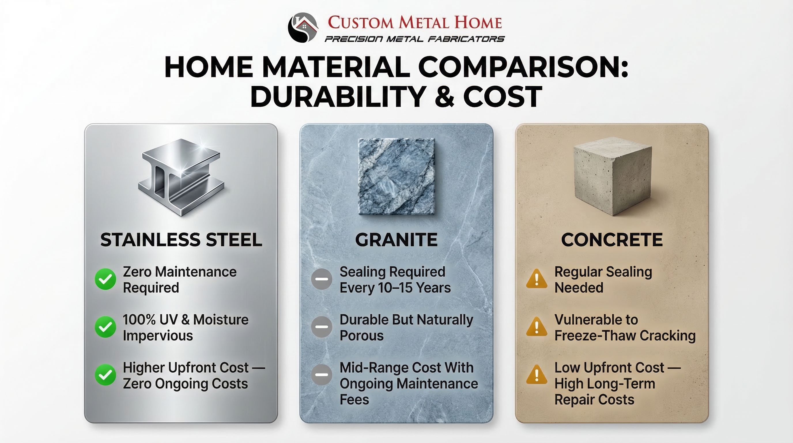 Stainless steel versus granite versus concrete outdoor countertop comparison infographic