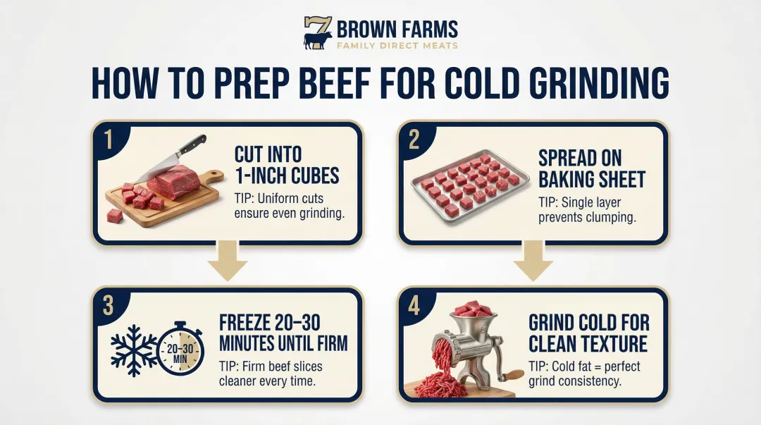 4-step cold grinding prep process for dry-aged beef burgers