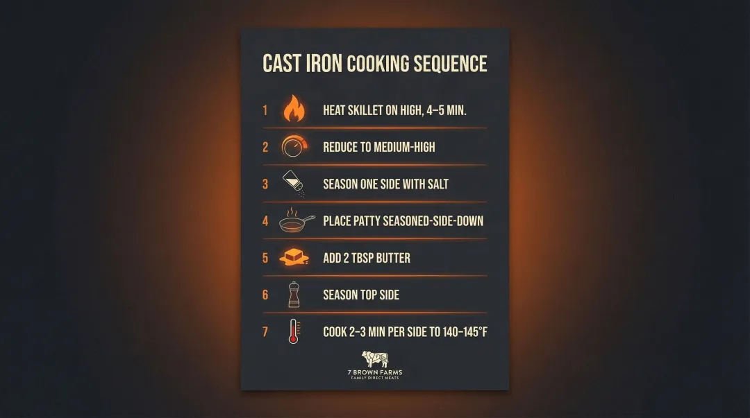 7-step cast iron burger cooking sequence with temperature and timing guide