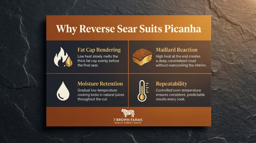 Four reverse sear benefits for picanha fat rendering moisture and crust development