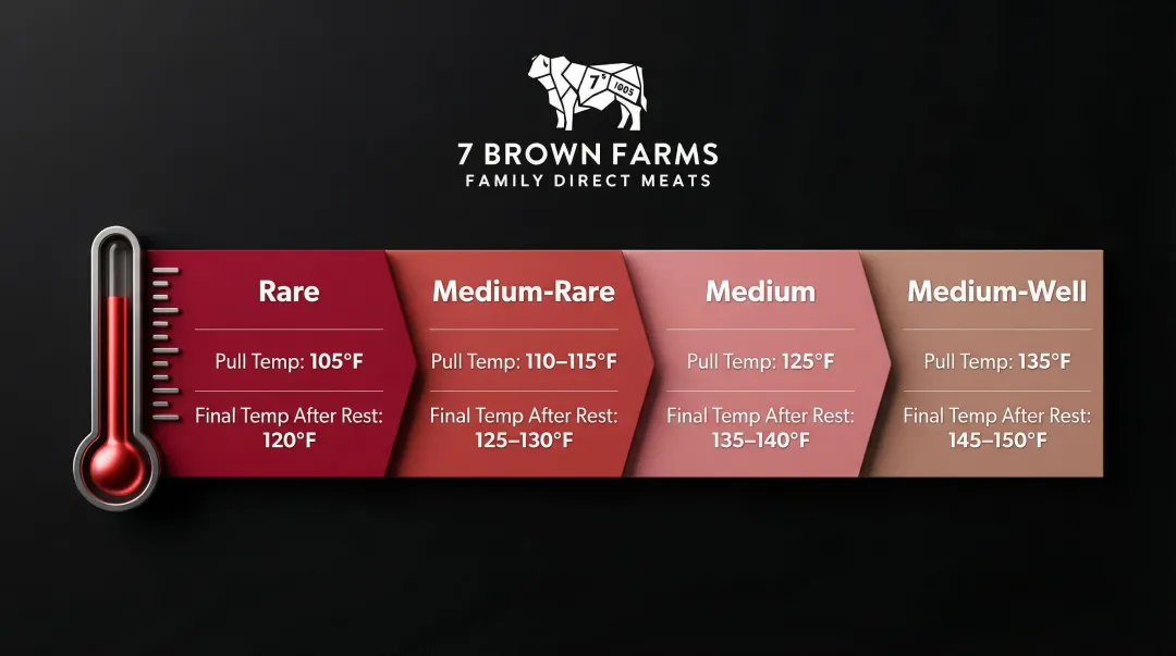Picanha reverse sear doneness temperature chart from rare to medium-well