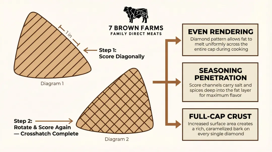 Three-step picanha fat cap scoring crosshatch technique and benefits diagram