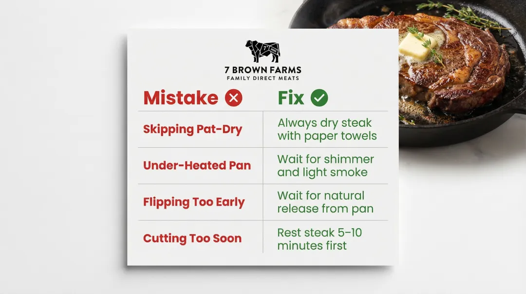 4 common ribeye stovetop mistakes and correct cooking techniques side by side