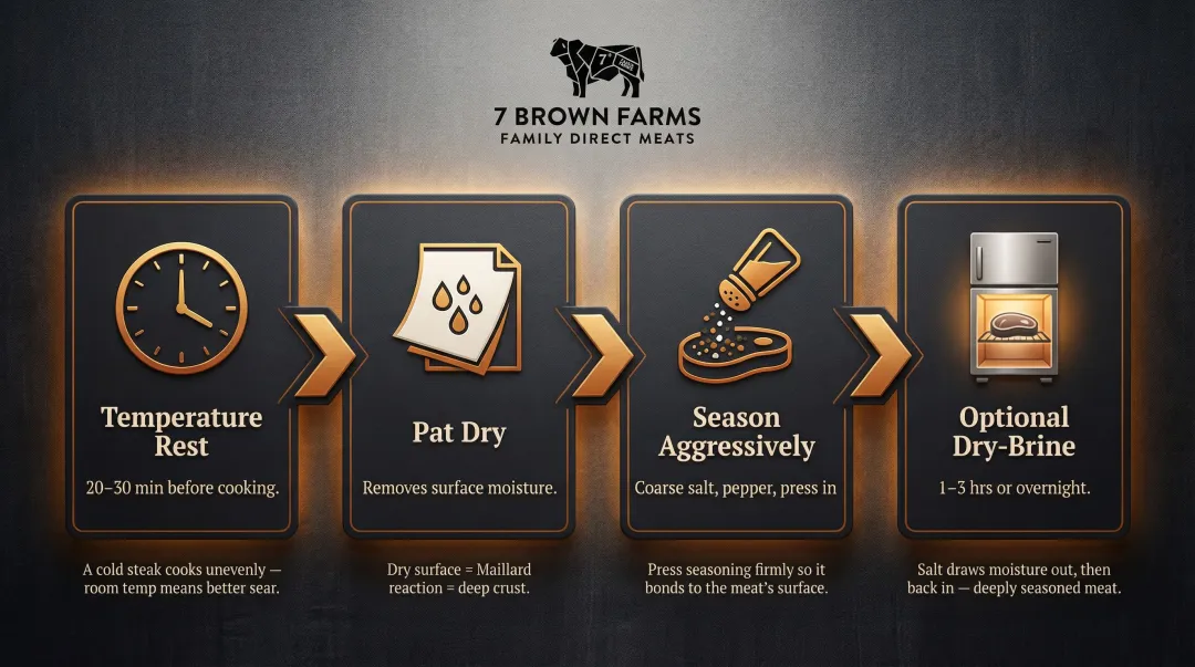 4-step ribeye steak prep sequence from temperature rest to dry-brine