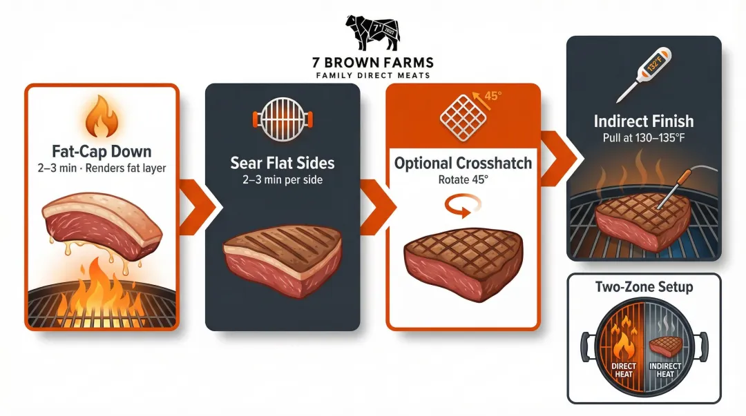 Four-step coulotte steak grilling process from fat-cap sear to two-zone finishing
