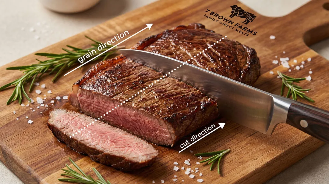 Slicing coulotte steak against diagonal grain on wooden cutting board