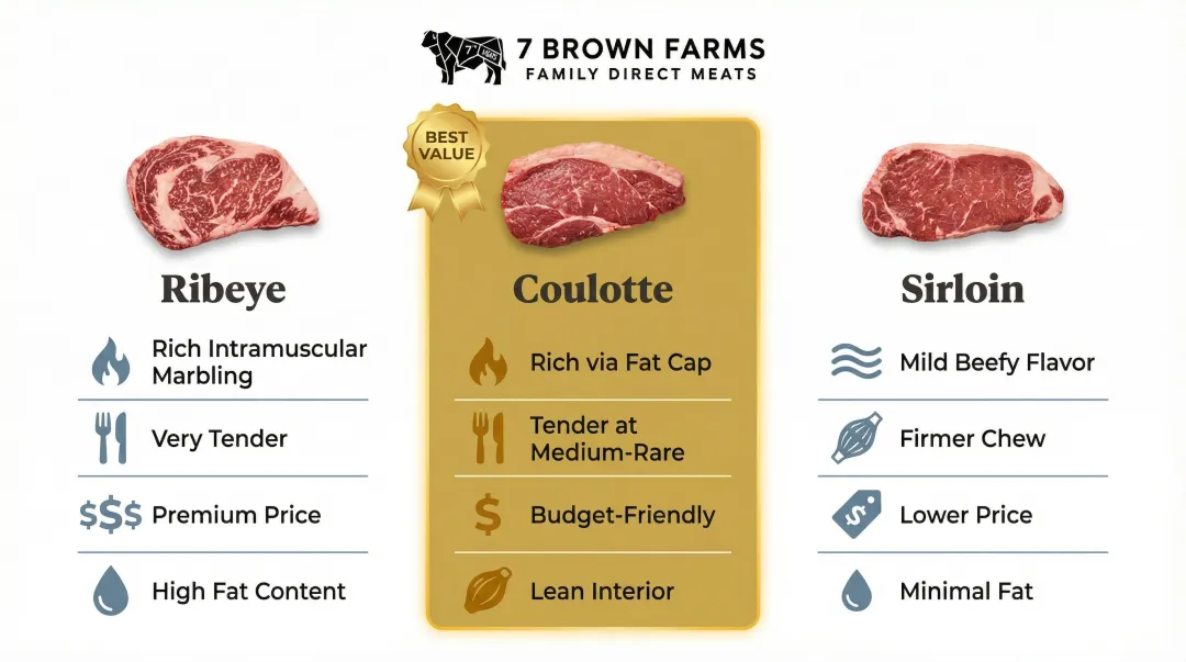 Coulotte steak versus ribeye and sirloin flavor tenderness and price comparison chart