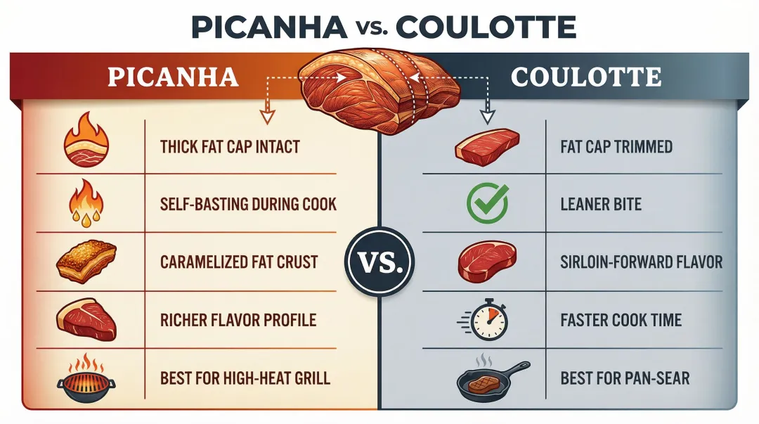 Picanha versus coulotte fat cap comparison showing flavor and texture differences