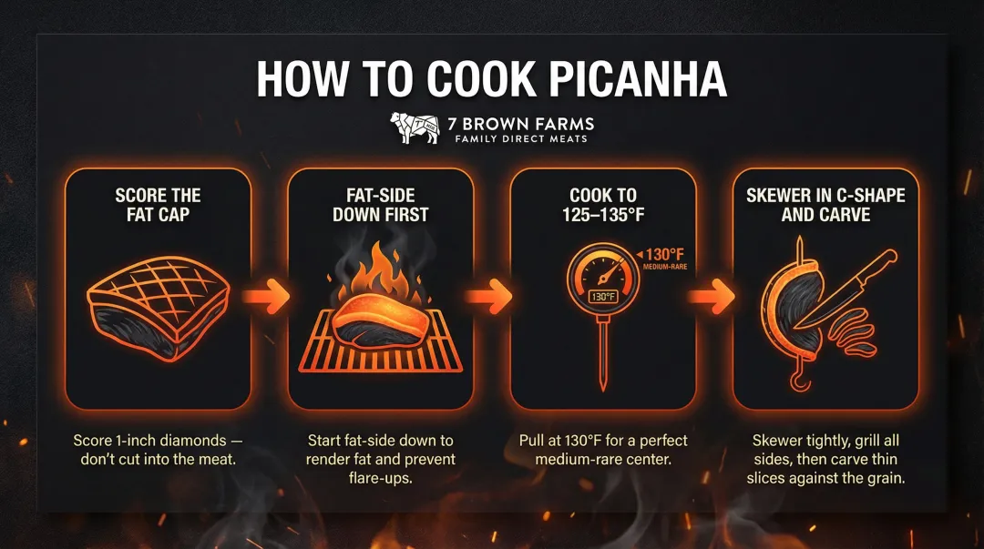 4-step Brazilian picanha grilling process from scoring fat cap to carving