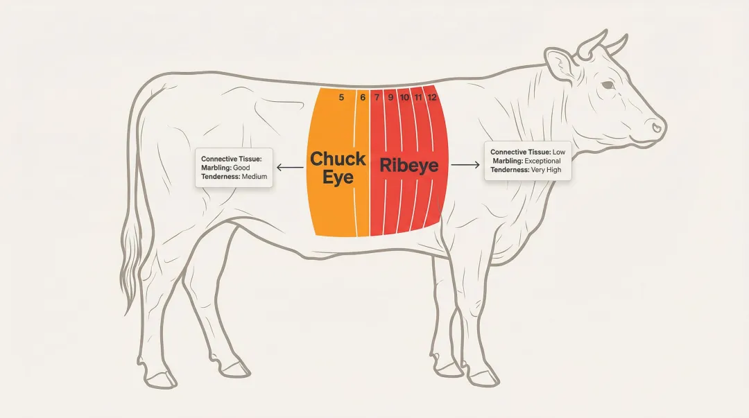Chuck eye rib 5 versus ribeye ribs 6-12 cow anatomy diagram comparison