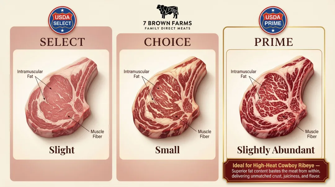 USDA beef grading comparison chart showing Prime Choice Select marbling levels