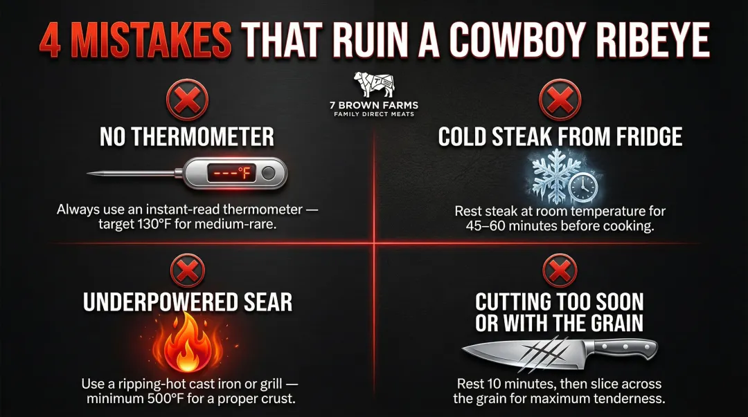 Four common cowboy ribeye cooking mistakes infographic with fixes for each error