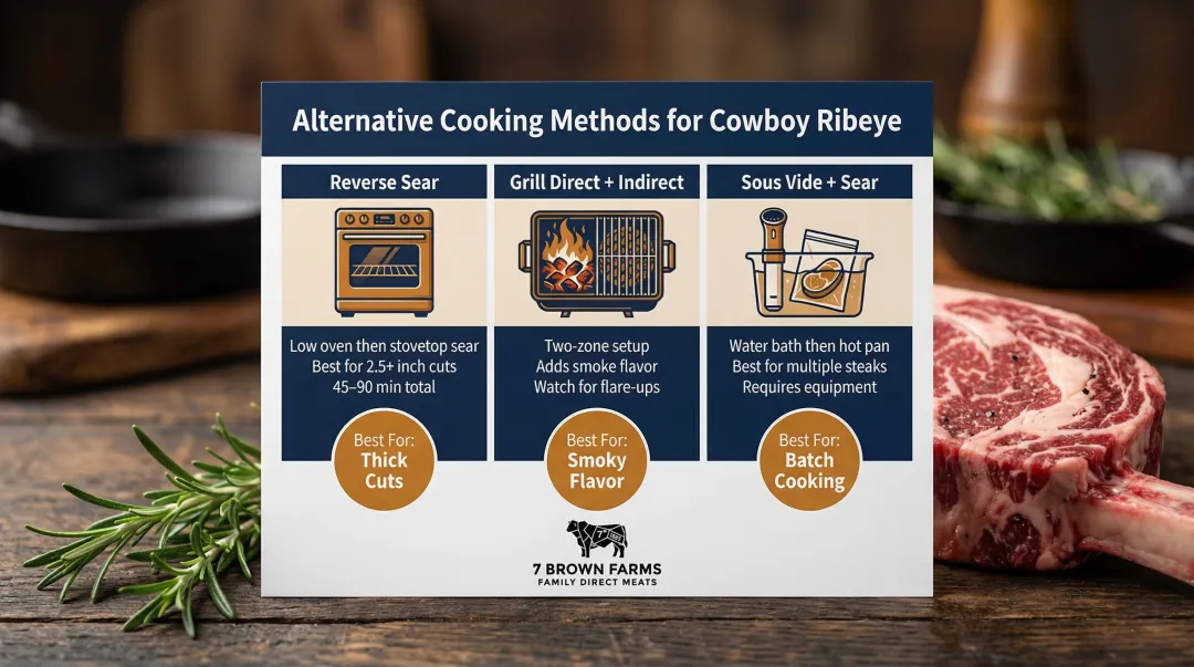 Three cowboy ribeye cooking methods comparison reverse sear grill sous vide side by side