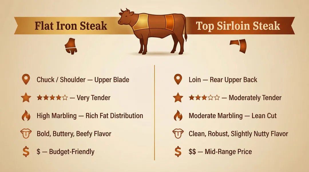 Flat iron versus sirloin steak side-by-side comparison infographic with key differences