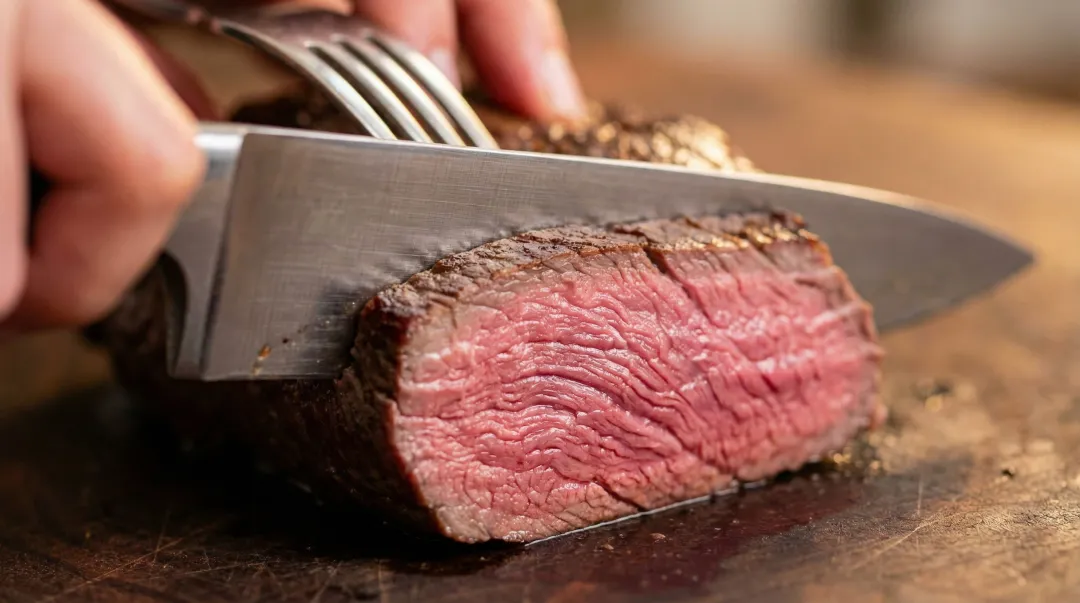 Slicing sirloin steak against the grain technique on cutting board