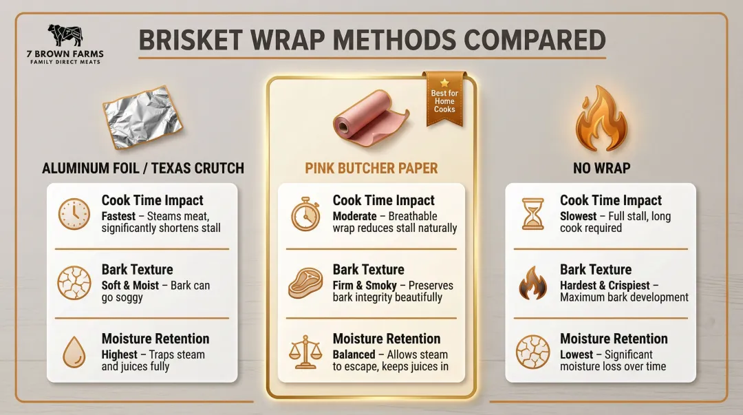 Three brisket wrap methods comparison chart foil butcher paper and no wrap outcomes