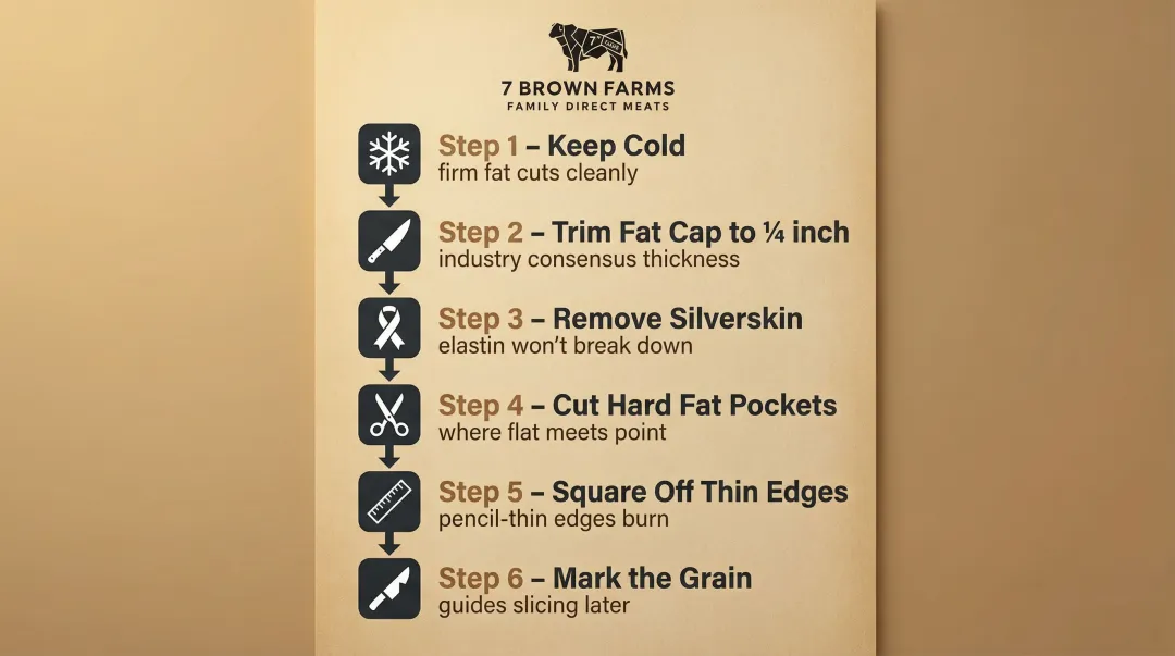 Six-step brisket trimming process infographic with knife technique and fat cap guidance