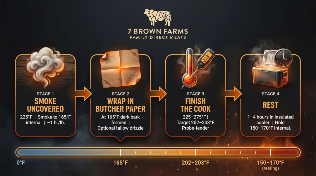 Four-stage brisket smoking process from uncovered smoke through wrapping rest and slicing