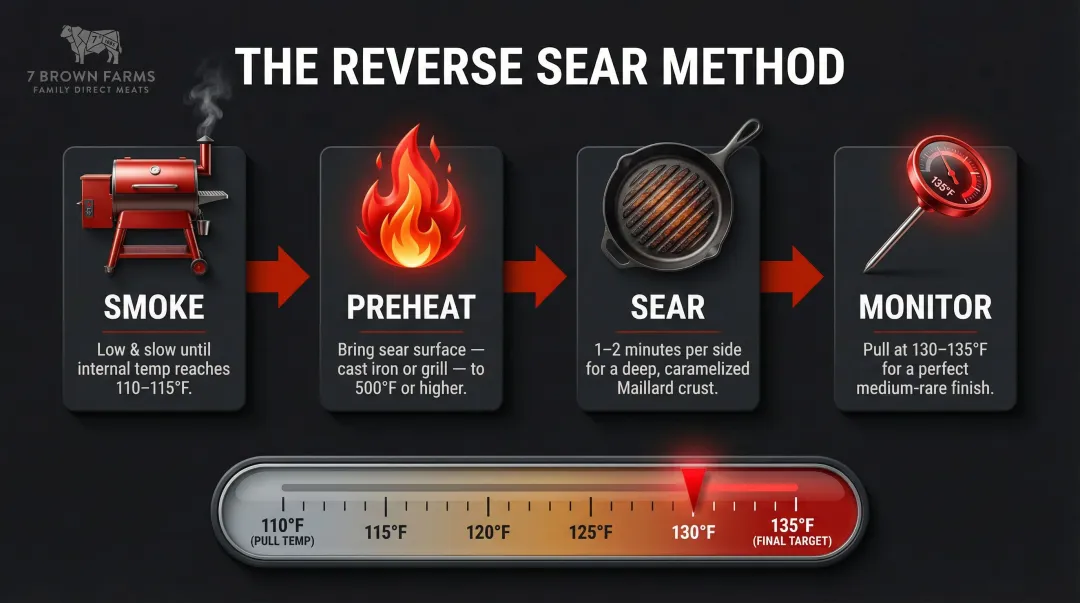 Four-step reverse sear flat iron steak process from smoker to sear finish