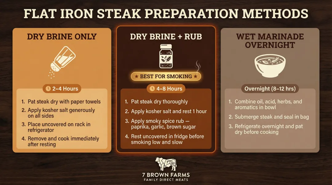 Three flat iron steak prep methods comparison dry brine rub and marinade