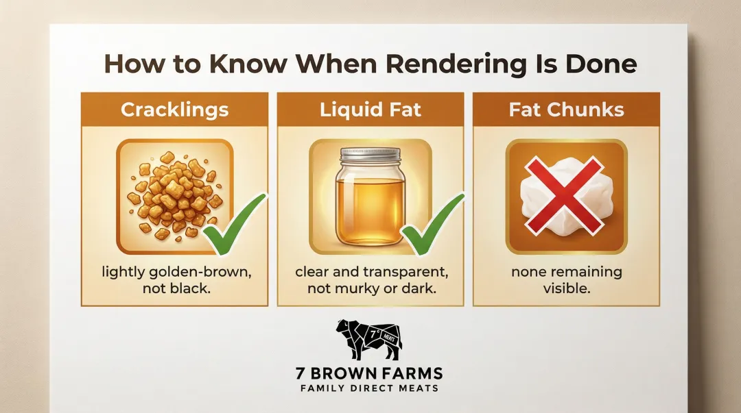 Three visual doneness indicators for properly rendered beef tallow infographic
