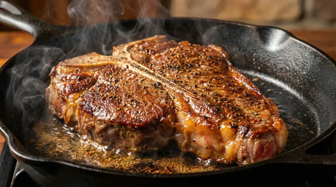 Cast iron skillet searing steak in beef tallow with golden crust