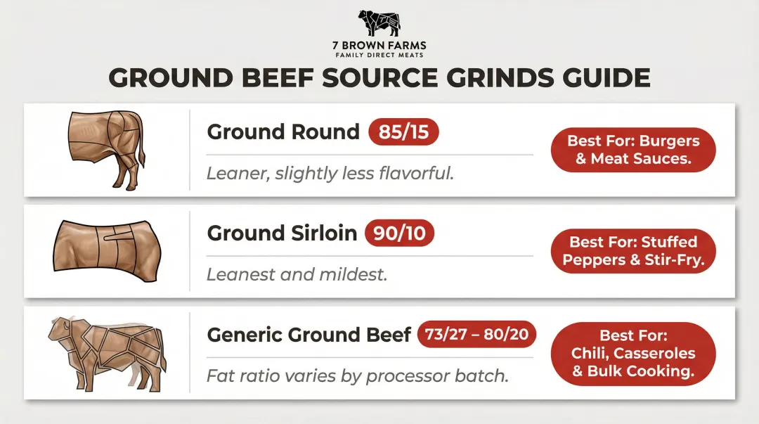 Three ground beef types by source cut fat ratio and best use cases
