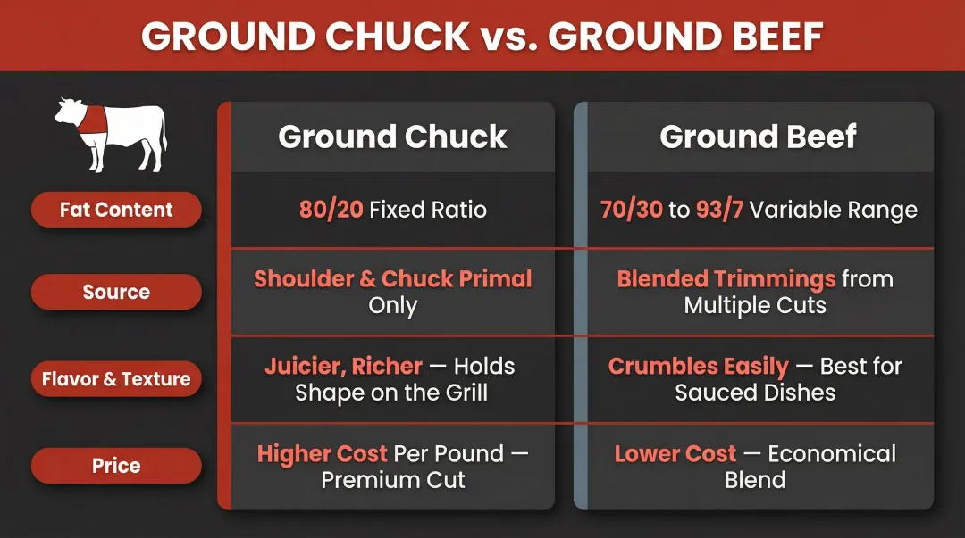 Ground chuck versus ground beef four-factor side-by-side comparison infographic