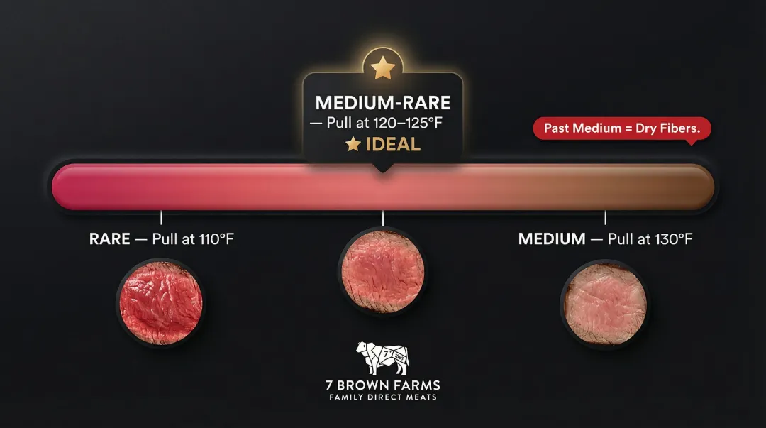 Flat iron steak doneness temperature guide from rare to medium with pull temps