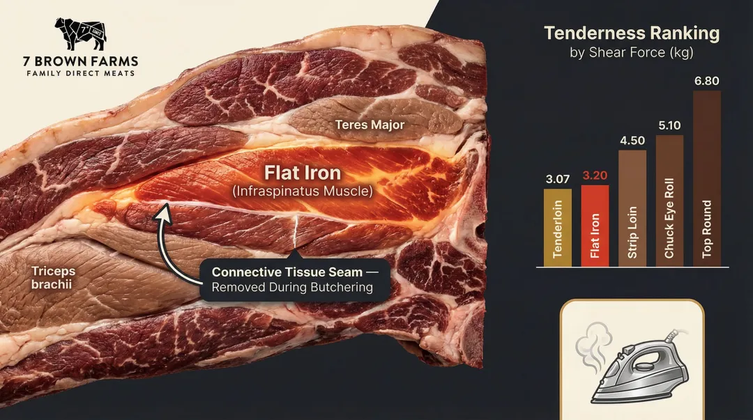 Flat iron steak cut location on beef chuck diagram with tenderness ranking