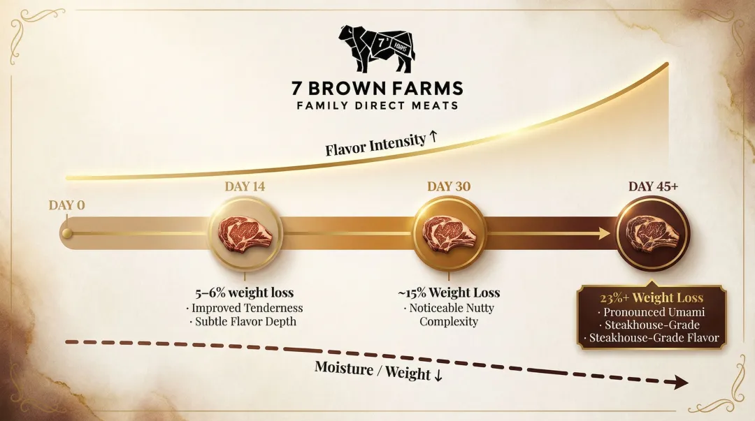 Dry aging beef timeline showing flavor and weight loss changes from 14 to 45 days