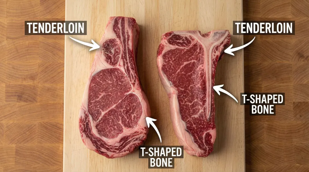 Porterhouse and T-bone steak side-by-side cut diagram showing tenderloin size difference