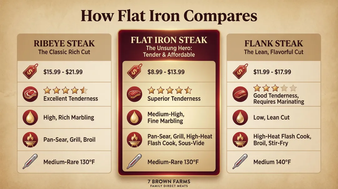 Flat iron versus ribeye versus flank steak comparison chart with price and tenderness