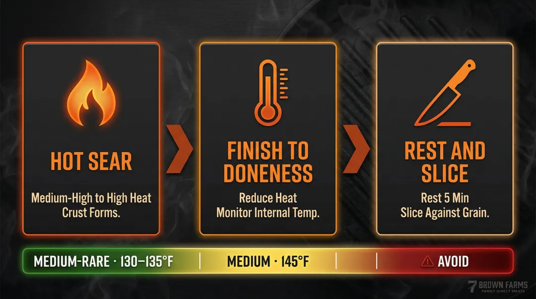 Three-step flat iron steak cooking process with temperatures and timing guide