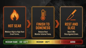 Three-step flat iron steak cooking process with temperatures and timing guide
