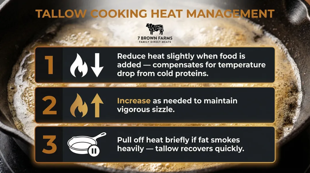 Three-step active heat control guide for cooking with beef tallow