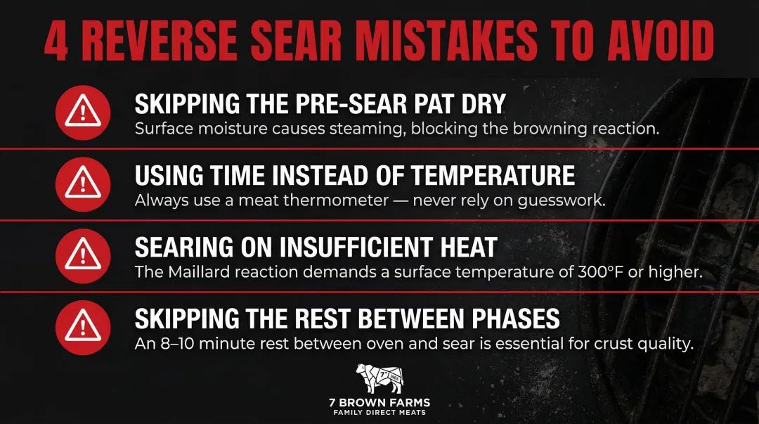 Four common reverse sear cowboy ribeye mistakes to avoid infographic