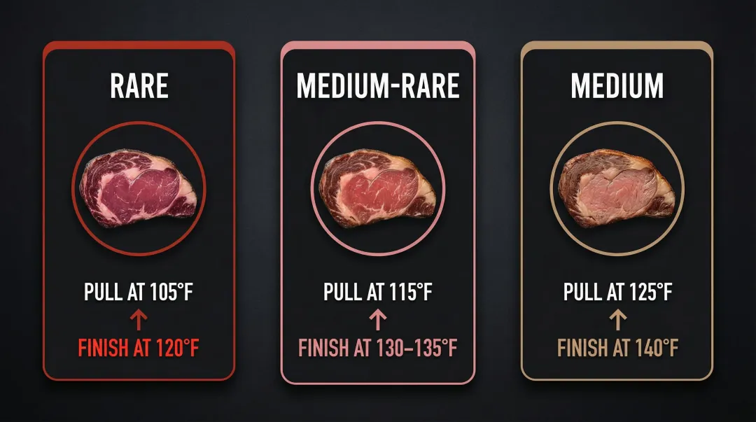 Reverse sear doneness temperature pull chart for cowboy ribeye steak
