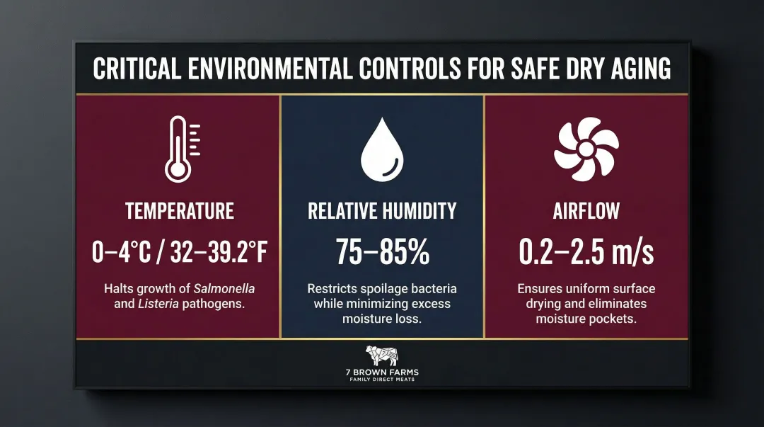 Dry aging chamber three-parameter safety controls temperature humidity airflow infographic