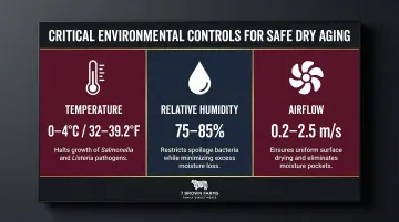 Dry aging chamber three-parameter safety controls temperature humidity airflow infographic