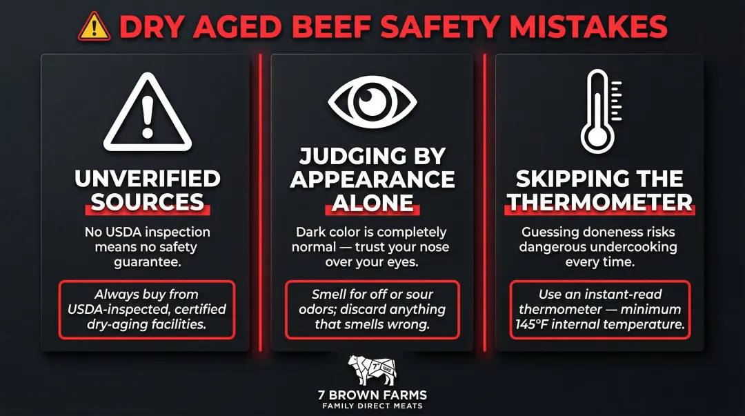 Three common dry aged beef safety mistakes to avoid at home infographic
