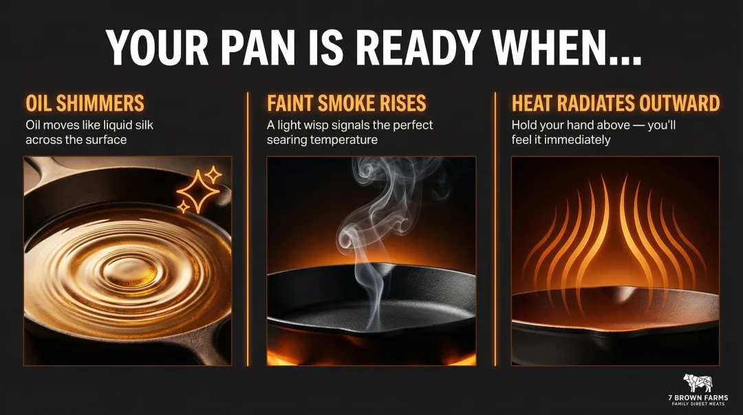 Three signs cast iron skillet is properly preheated for searing steak