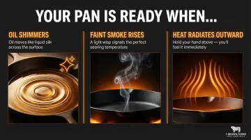Three signs cast iron skillet is properly preheated for searing steak