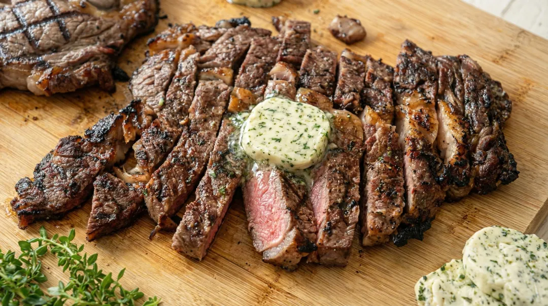 Grilled chuck eye steak resting on cutting board with herb butter melting