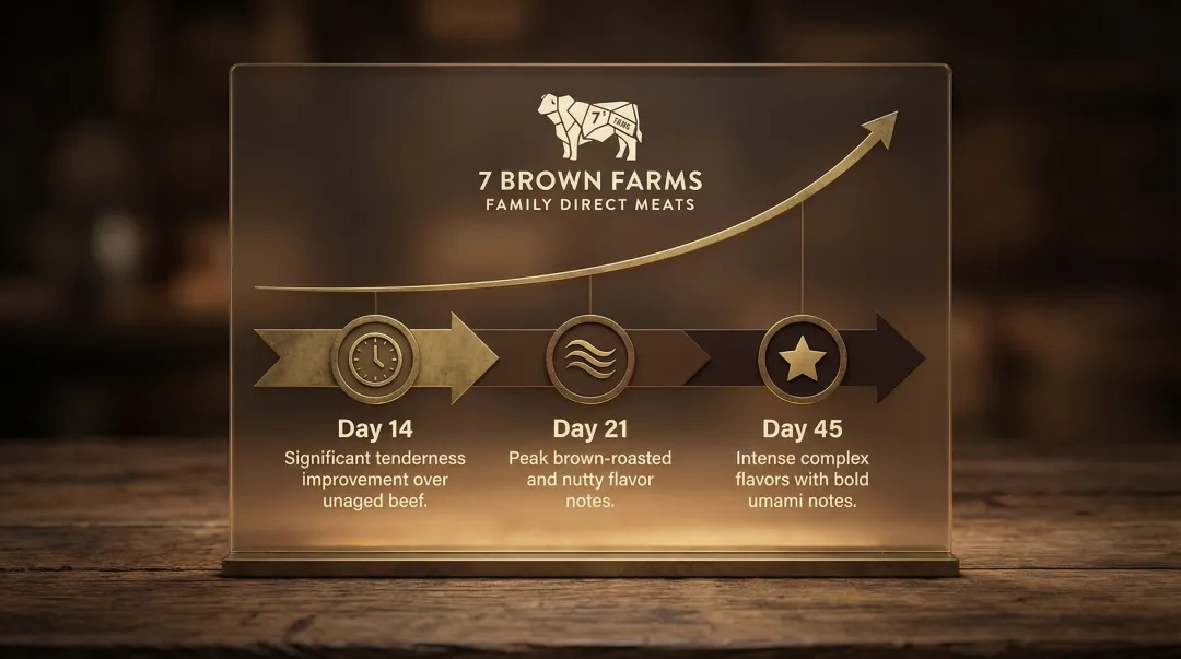 Dry aging beef timeline showing flavor and tenderness development at 14 21 and 45 days