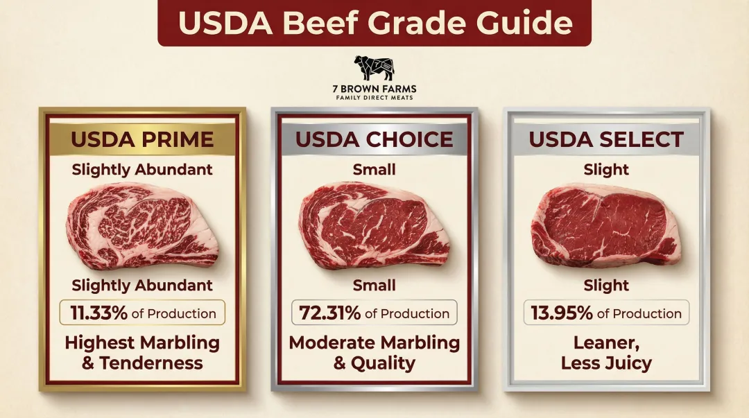 USDA beef grading scale comparing Prime Choice and Select marbling levels