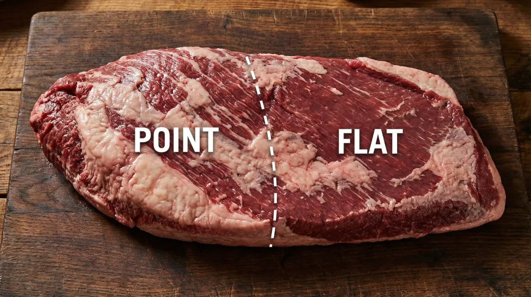 Whole beef brisket showing flat and point sections with visible marbling fat