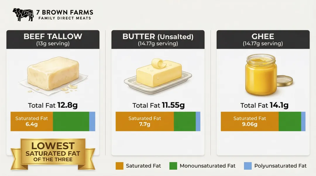 Beef tallow butter and ghee saturated fat content side-by-side comparison chart