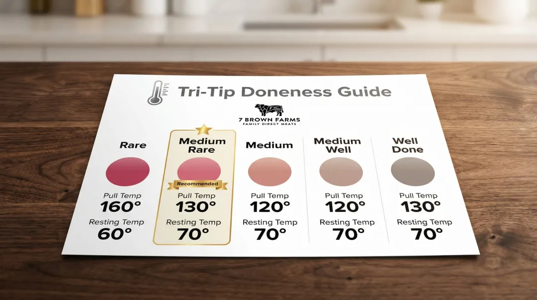 Tri-tip doneness temperature chart from rare to well done with pull temps