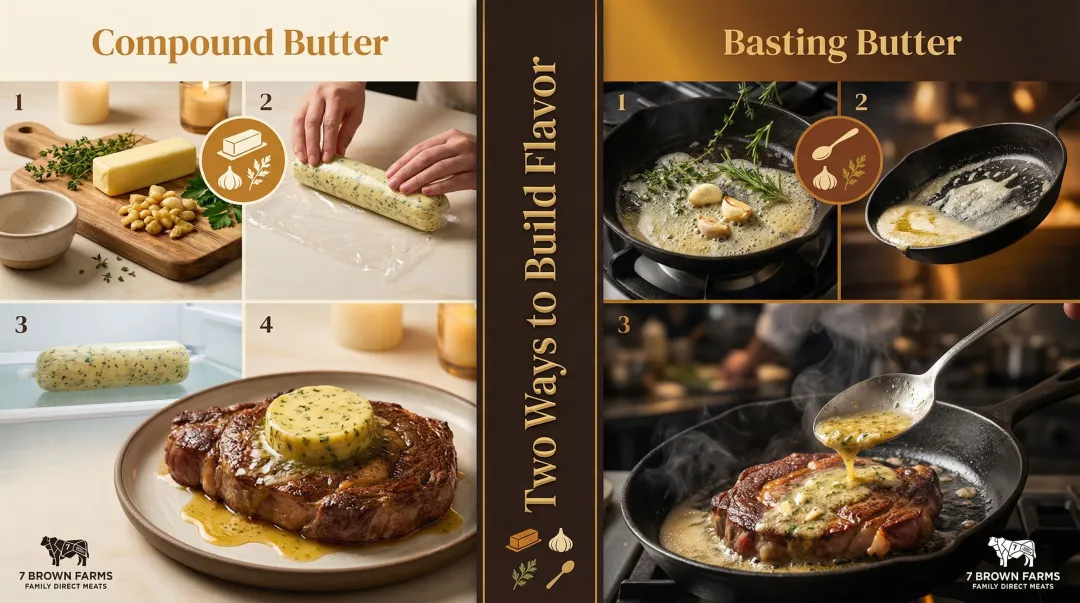 Two-method garlic butter usage compound versus pan basting explained visually